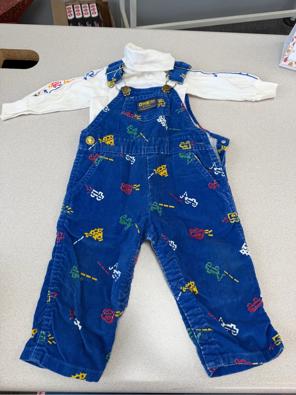 Vintage 90s OshKosh B'gosh Blue Corduroy Overall Set Construction Trucks